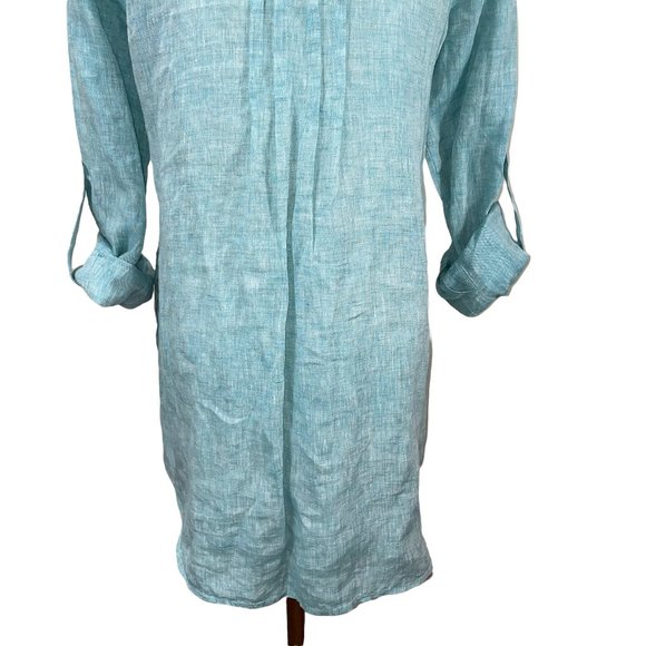Lafayette 148 Linen Henley Oversized Long Teal White Top Tunic Button Down - Picture 4 of 12